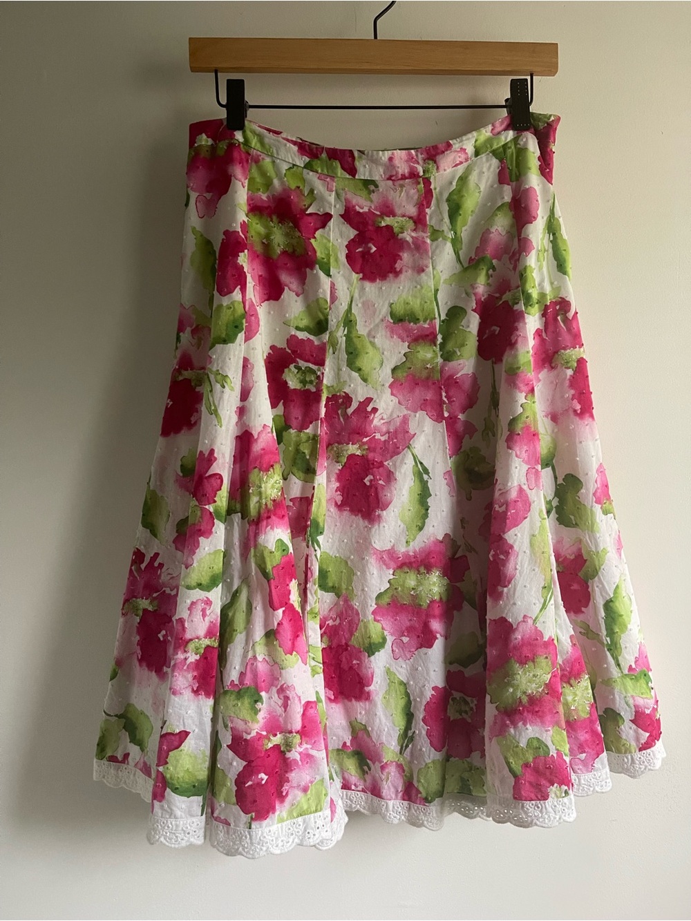 VTG Dressbarn Pink Floral Swiss Dot Midi Skirt 8 Eyelet Scallop Hem Cotton Y2K